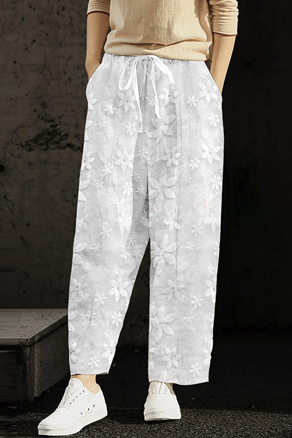 Wishing for It Cotton Linen Patchwork Flower Elastic Waist Pocketed Pants
