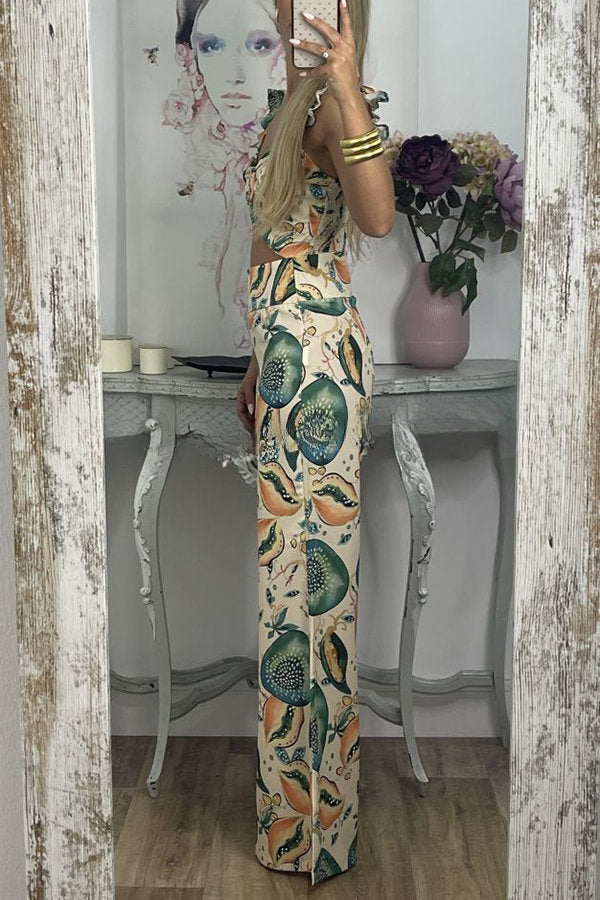 Vickee Tropical Fruit Print Back Smocked Ruffle Tank and High Rise Flare Pants Set