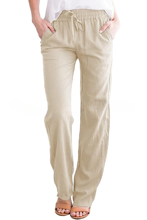 Soft Breathable Solid Color Drawstring Elastic Waist Long Straight Pants