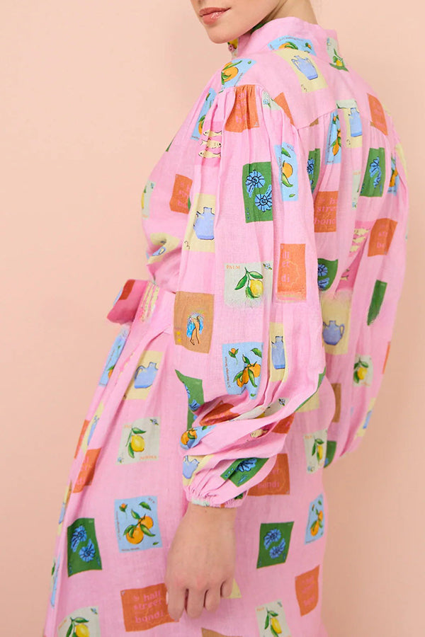 Vacation Essential Emblem Print Balloon Sleeve Belted Shirt Maxi Dress