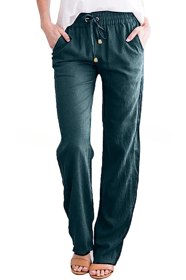 Soft Breathable Solid Color Drawstring Elastic Waist Long Straight Pants