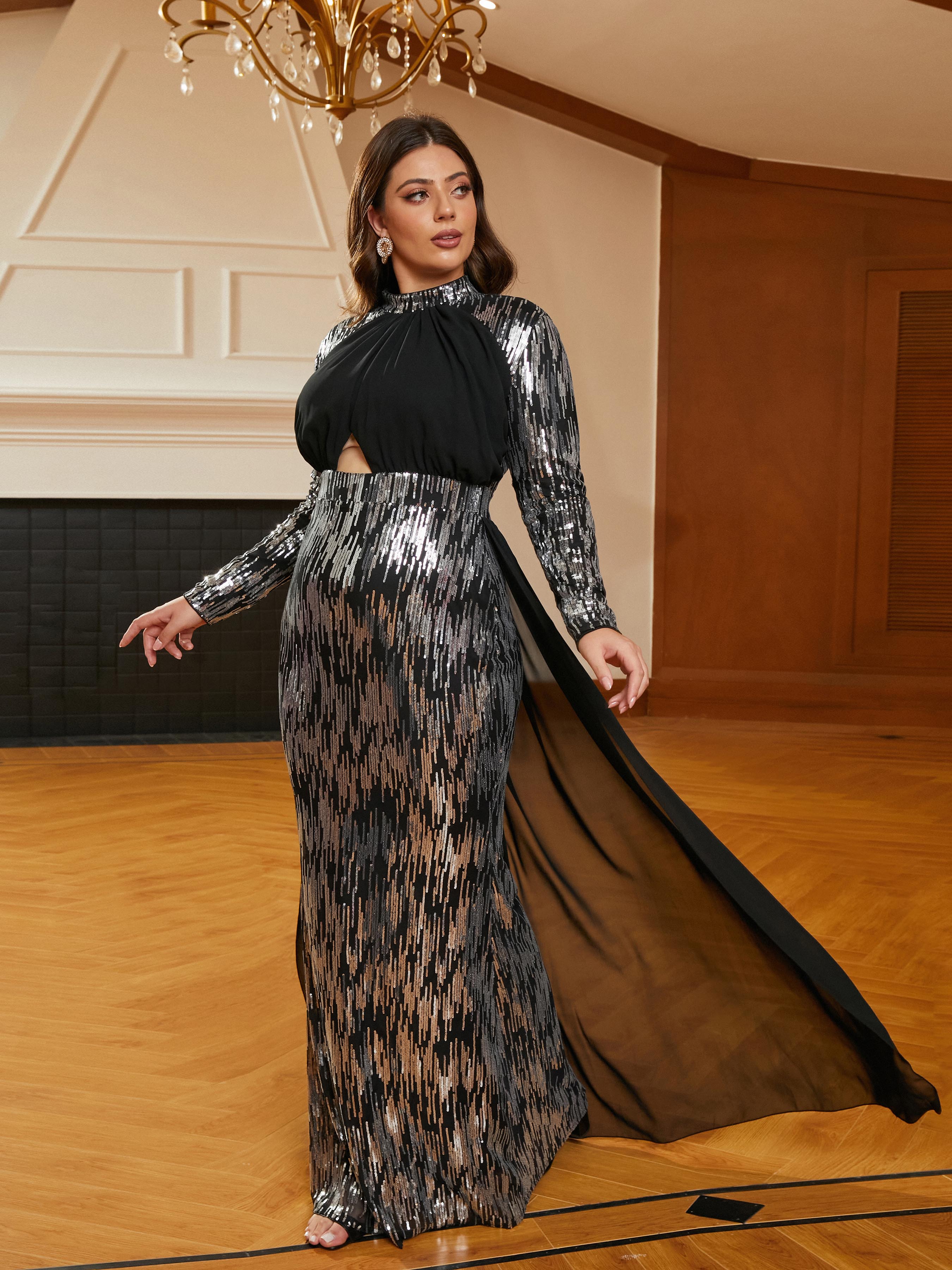 Stand Collar Panel Cutout Sequin Black Prom Dress RH30630
