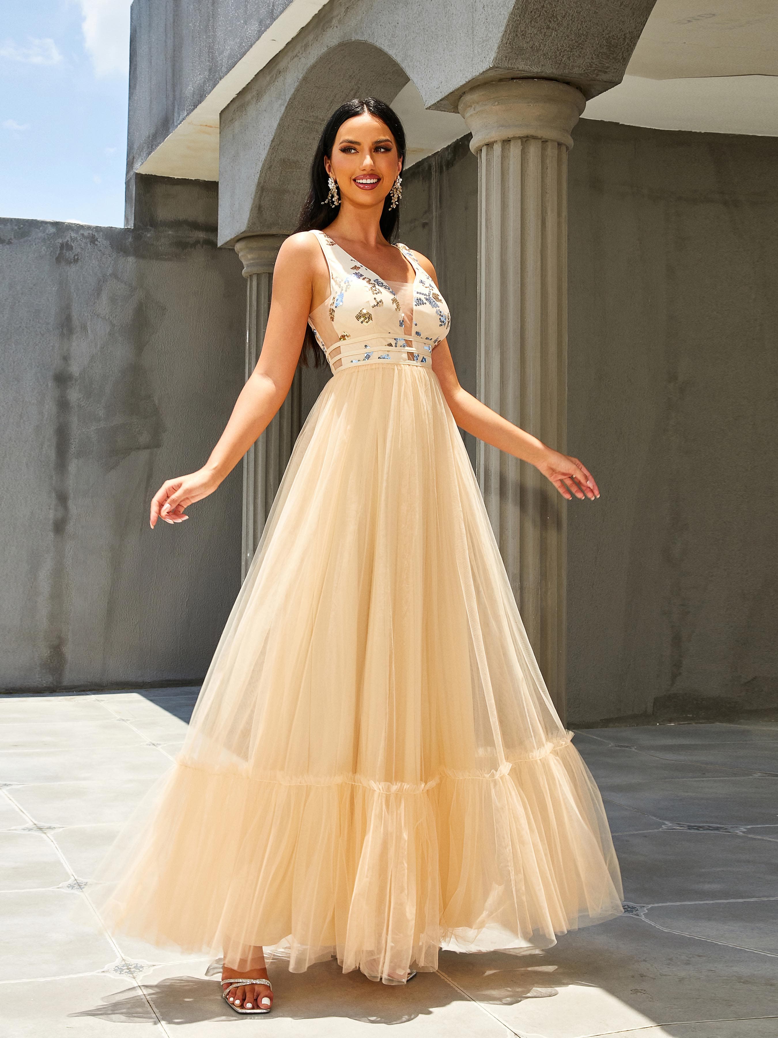 V-Neck A-Line Backless Panel Evening Dress RM20404