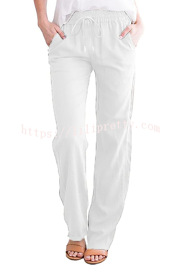 Soft Breathable Solid Color Drawstring Elastic Waist Long Straight Pants