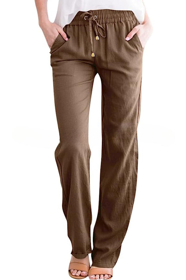Soft Breathable Solid Color Drawstring Elastic Waist Long Straight Pants