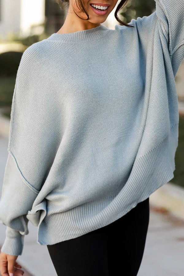 Distressed Knit Side Slit Long Sleeve Pullover Sweater