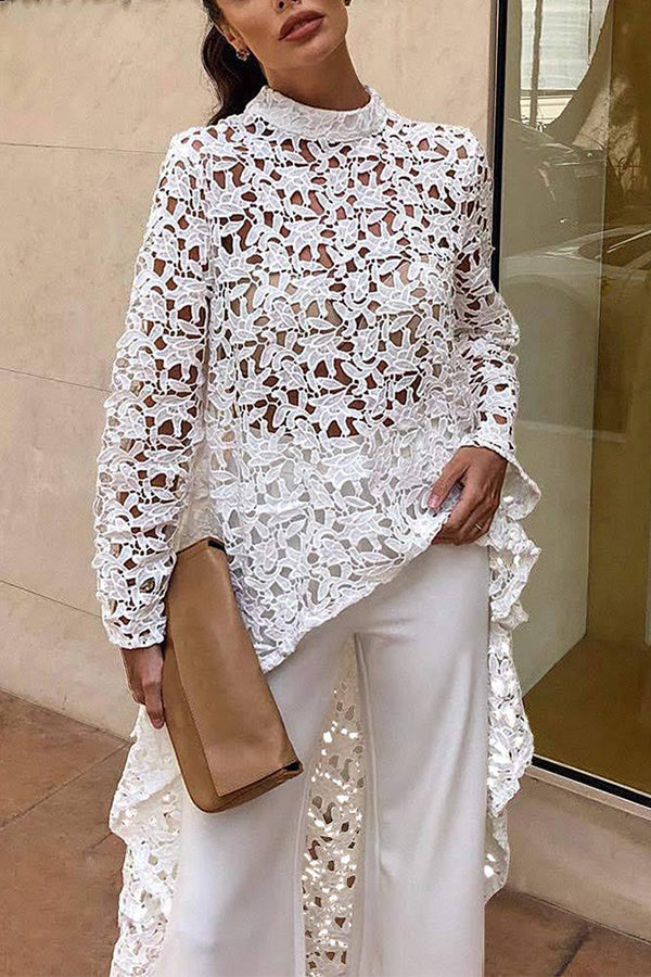 White Crochet Lace Cutout Long Sleeve Top