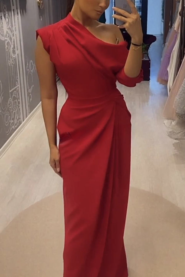 Single Tonight Ruched Irregular Neck One Half Sleeve Formal Maxi Dress