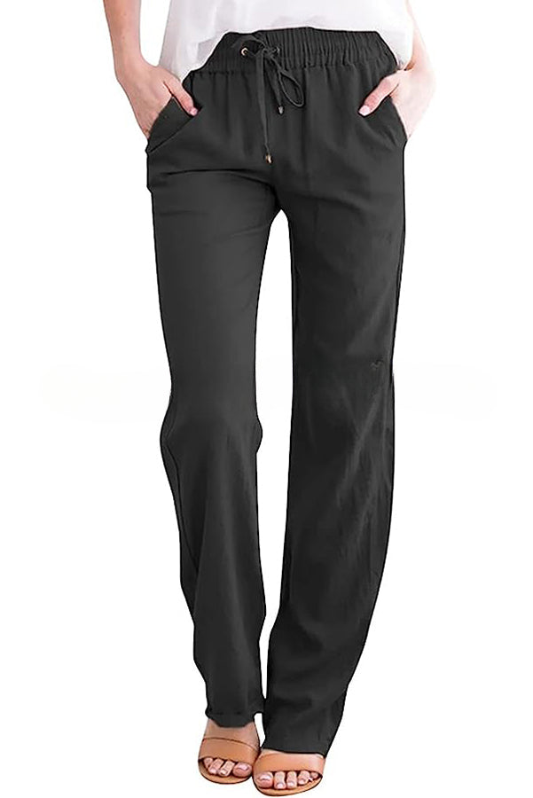 Soft Breathable Solid Color Drawstring Elastic Waist Long Straight Pants