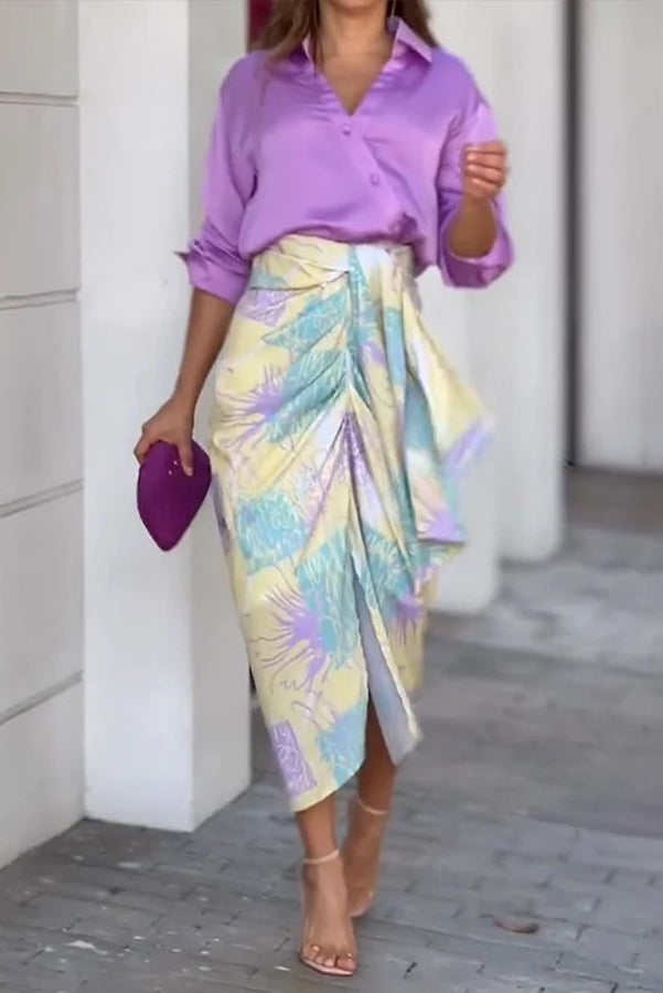 Solid Button Down Shirt and Floral Print Ruched Midi Skirt Two Piece Set