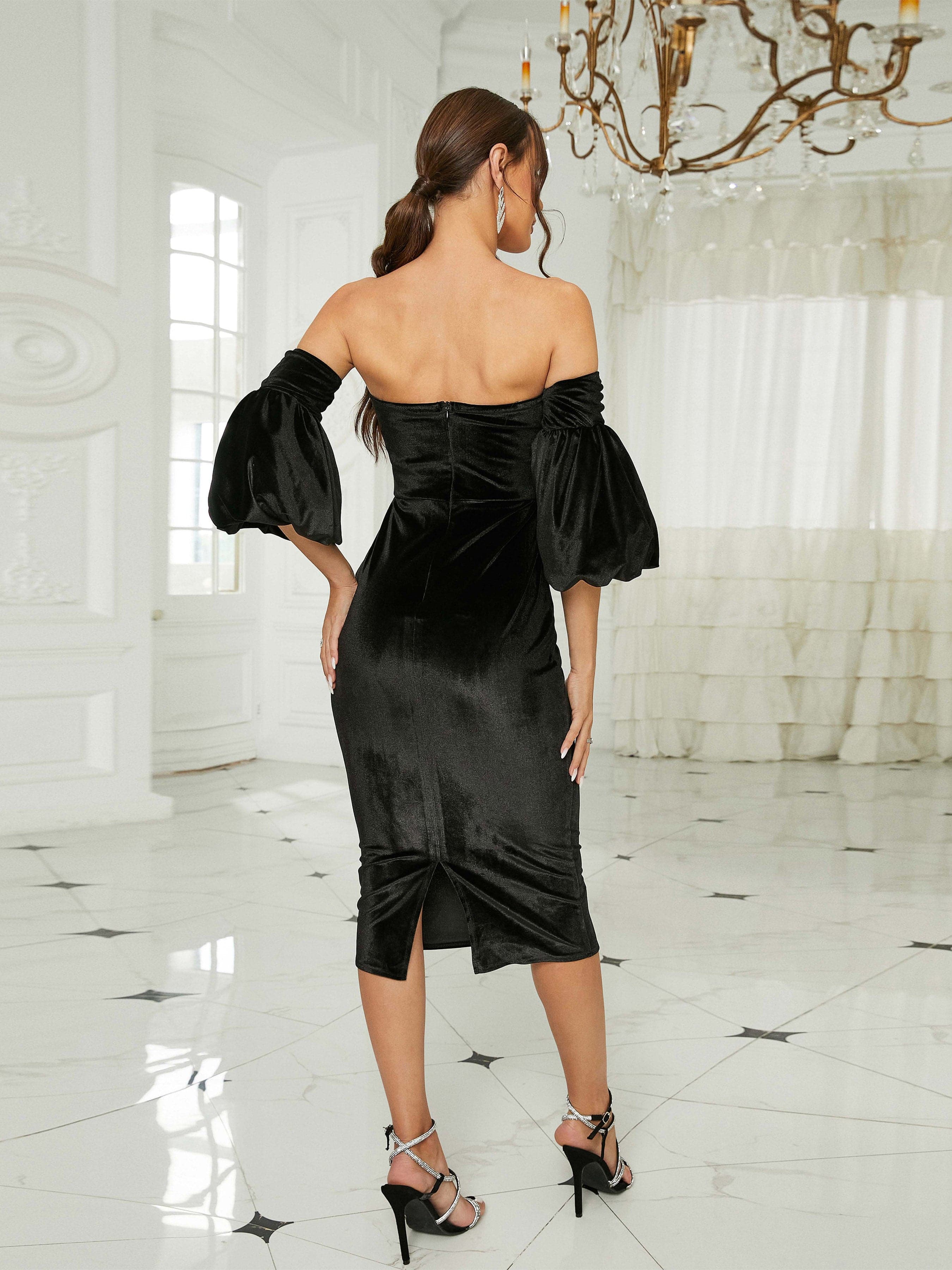 Strapless Velvet Midi Black Cocktail Dress RJ10306