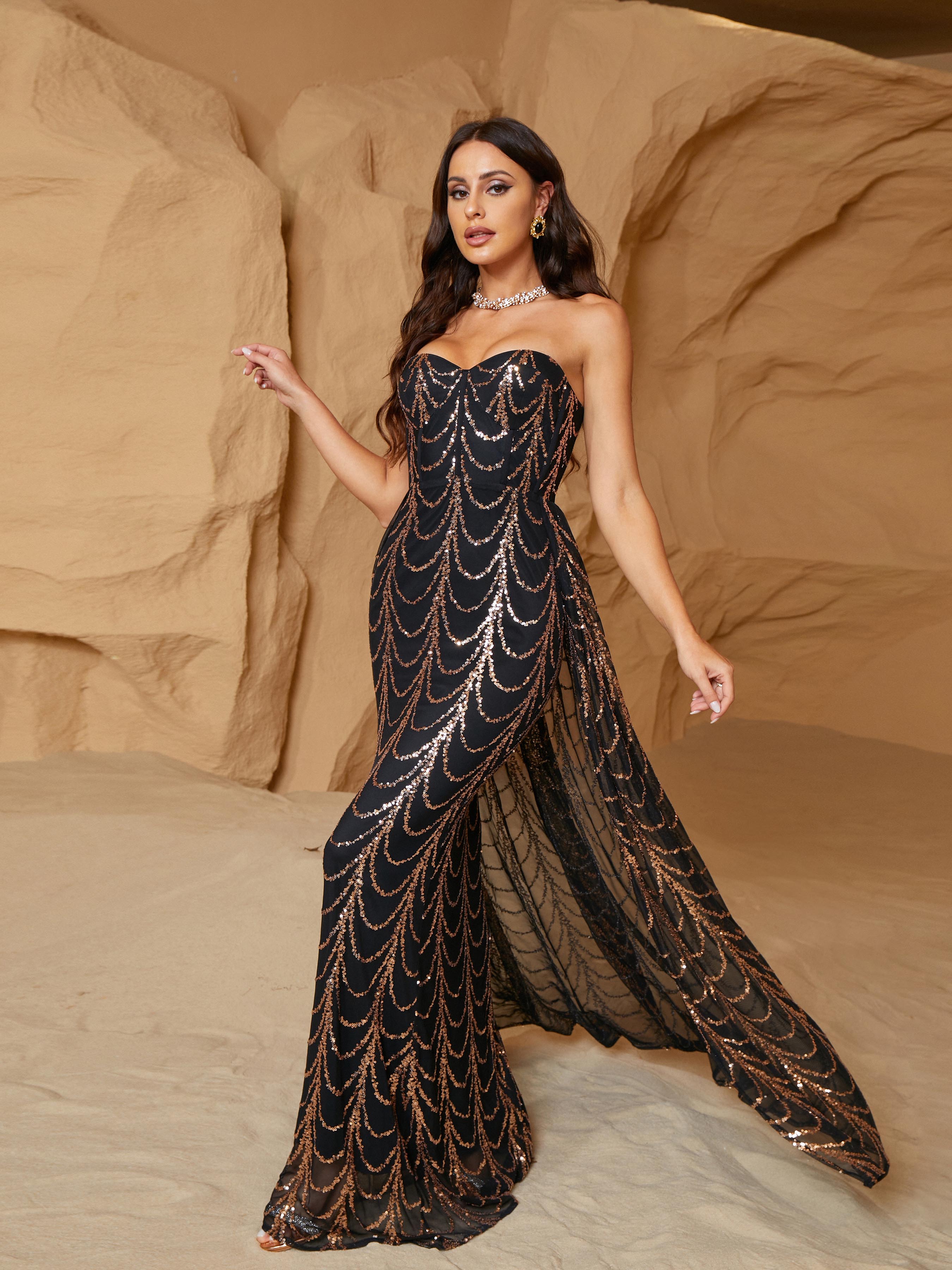 Sexy Strapless Draped Sequin Black Evening Dress RM21223