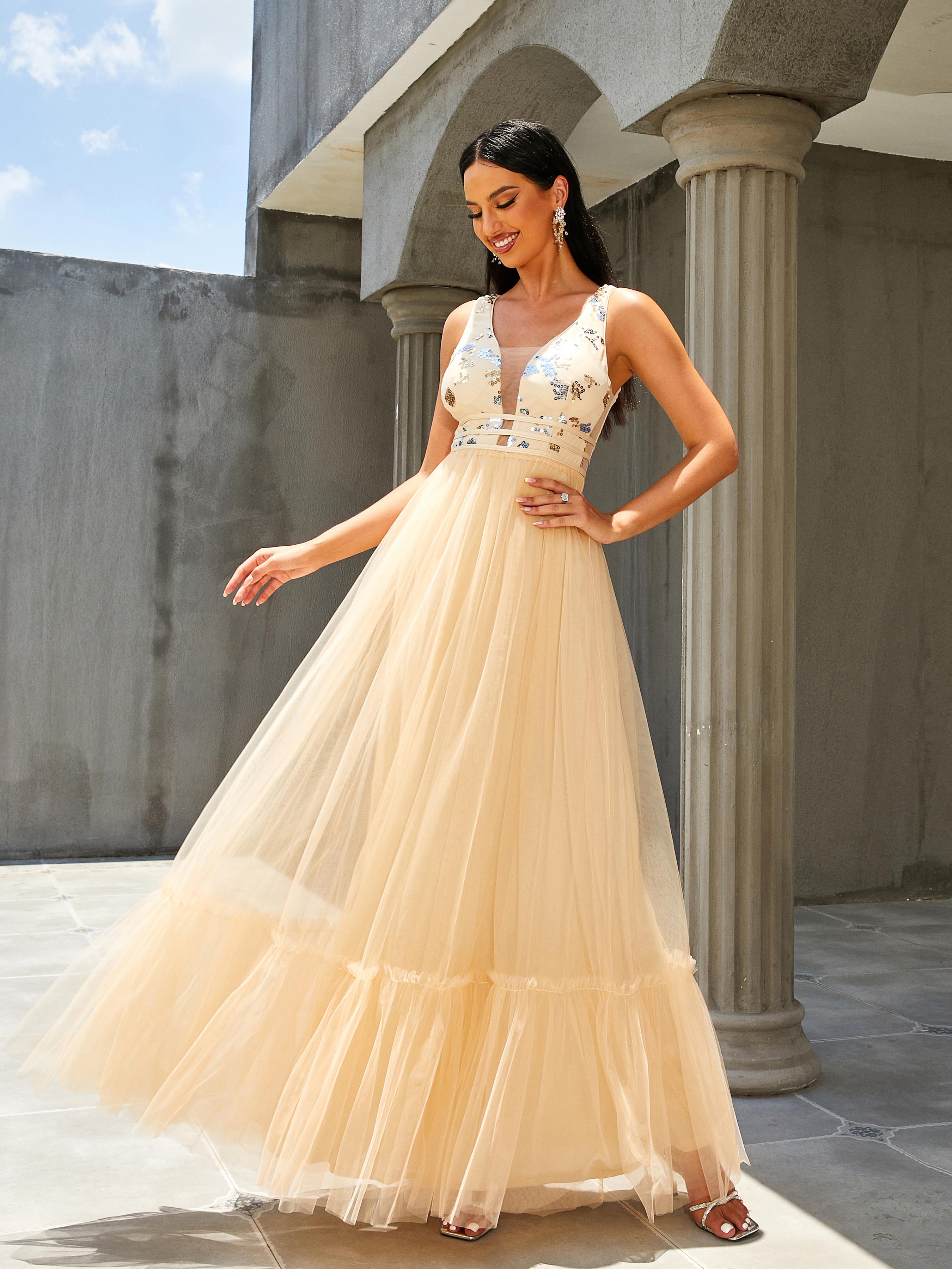 V-Neck A-Line Backless Panel Evening Dress RM20404