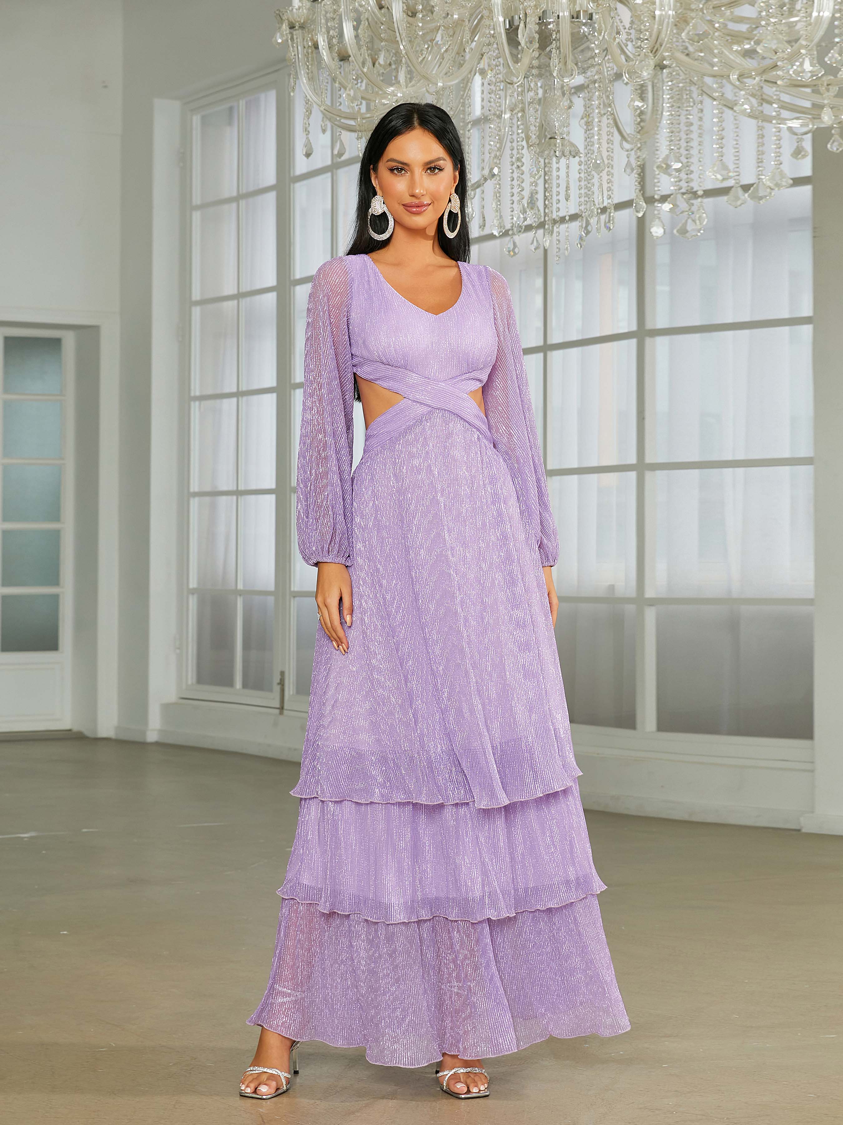 V-neck Lantern Sleeve Backless Purple Prom Dress RH30555