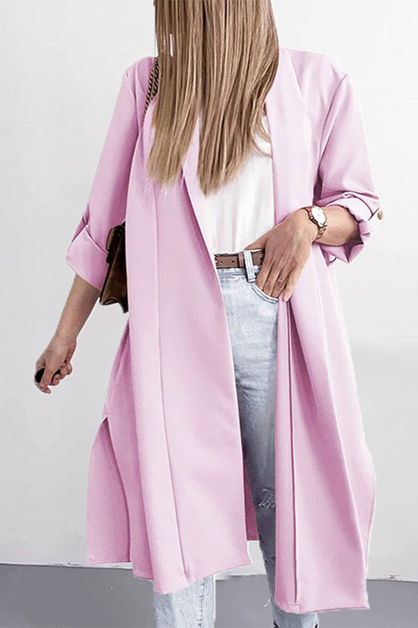 Solid Lapel 3/4 Sleeve Slit Cardigan