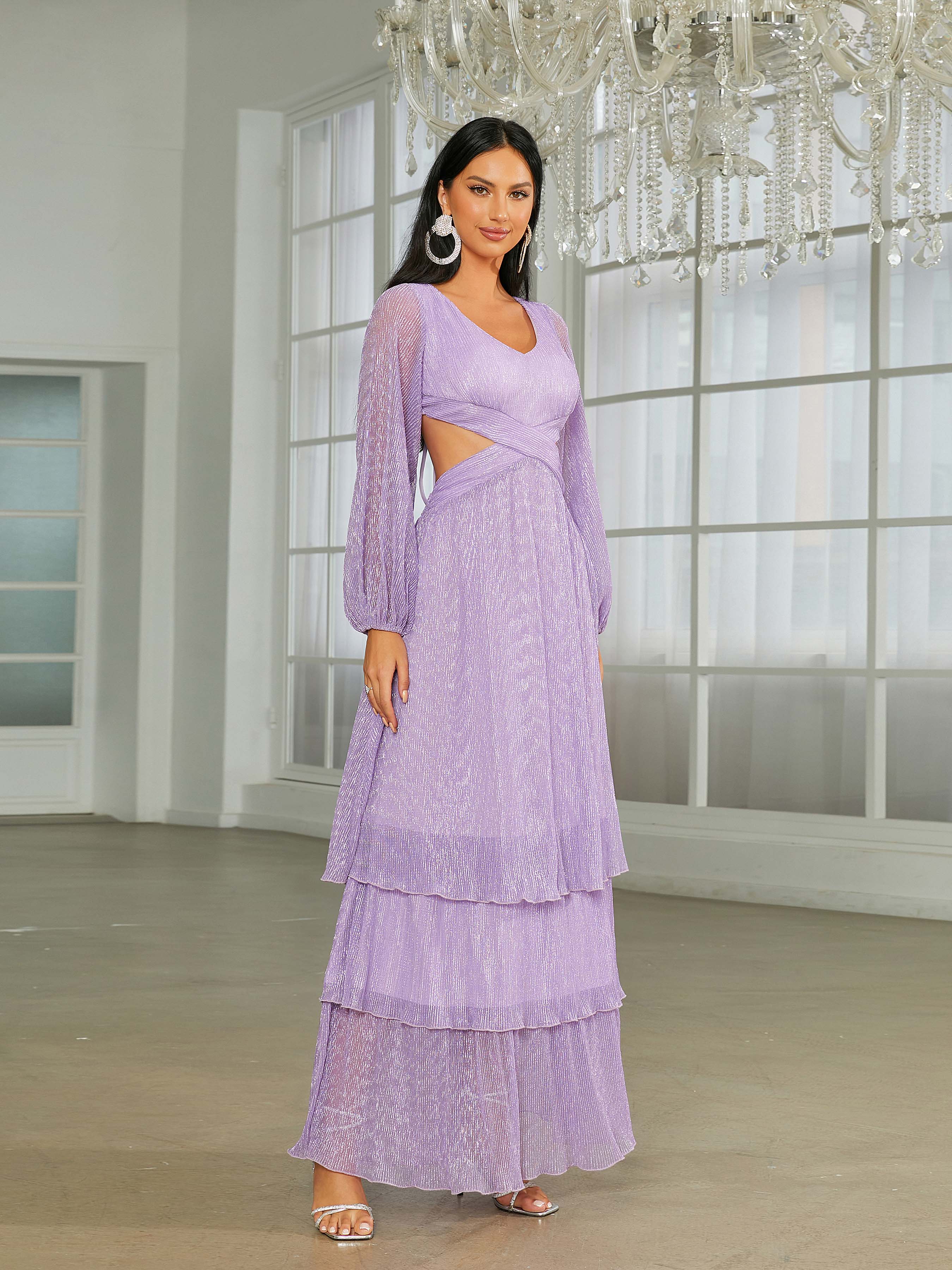 V-neck Lantern Sleeve Backless Purple Prom Dress RH30555