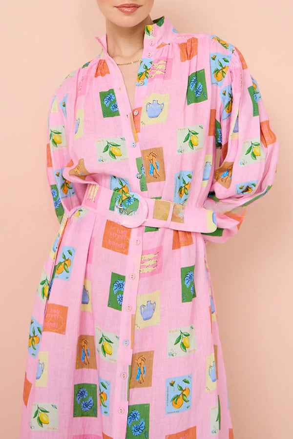Vacation Essential Emblem Print Balloon Sleeve Belted Shirt Maxi Dress