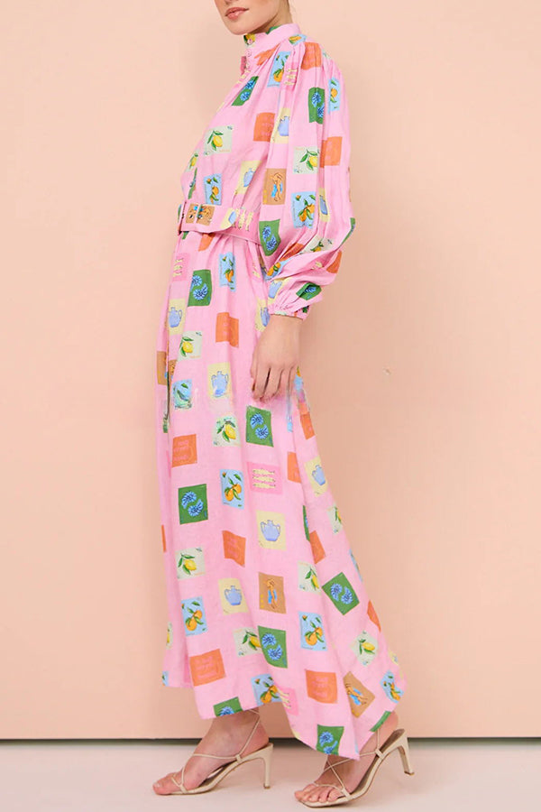 Vacation Essential Emblem Print Balloon Sleeve Belted Shirt Maxi Dress