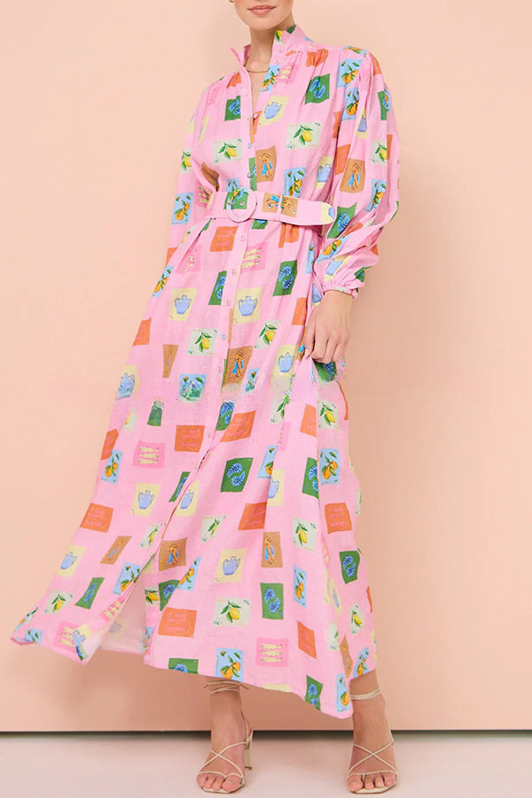 Vacation Essential Emblem Print Balloon Sleeve Belted Shirt Maxi Dress