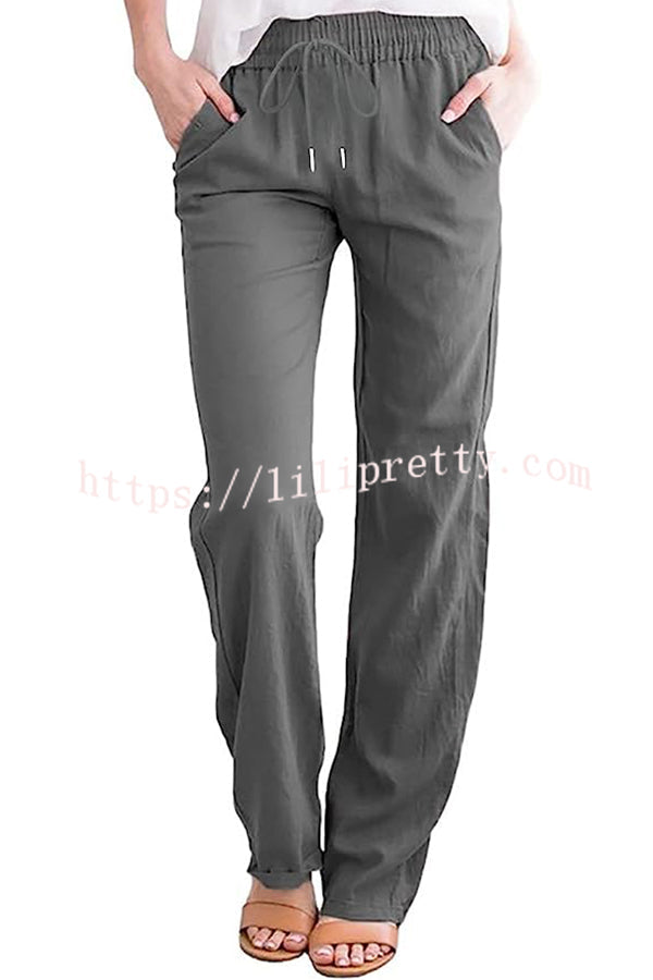 Soft Breathable Solid Color Drawstring Elastic Waist Long Straight Pants