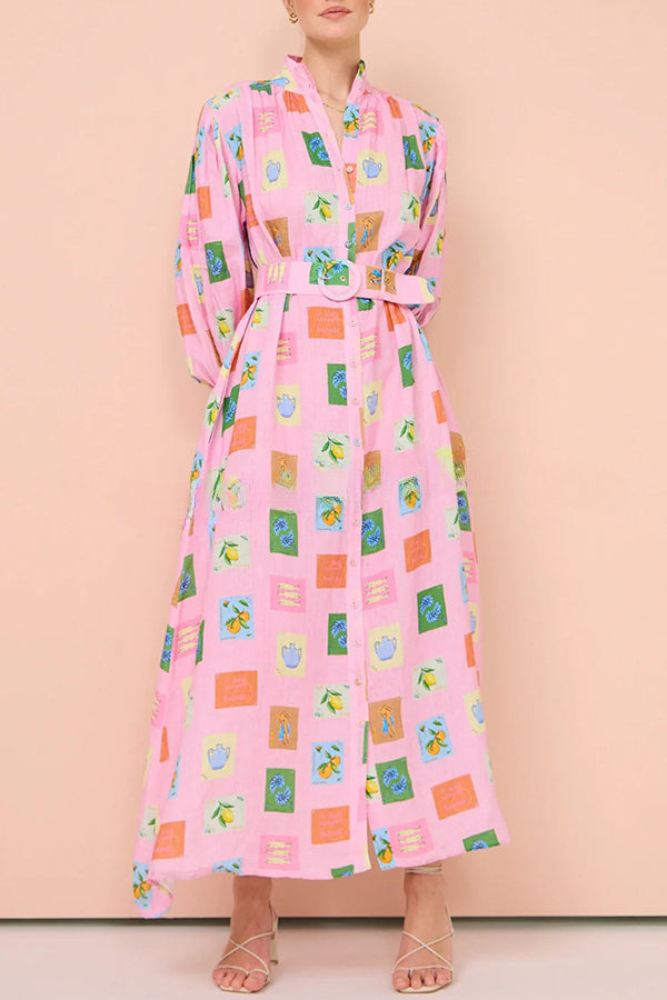 Vacation Essential Emblem Print Balloon Sleeve Belted Shirt Maxi Dress