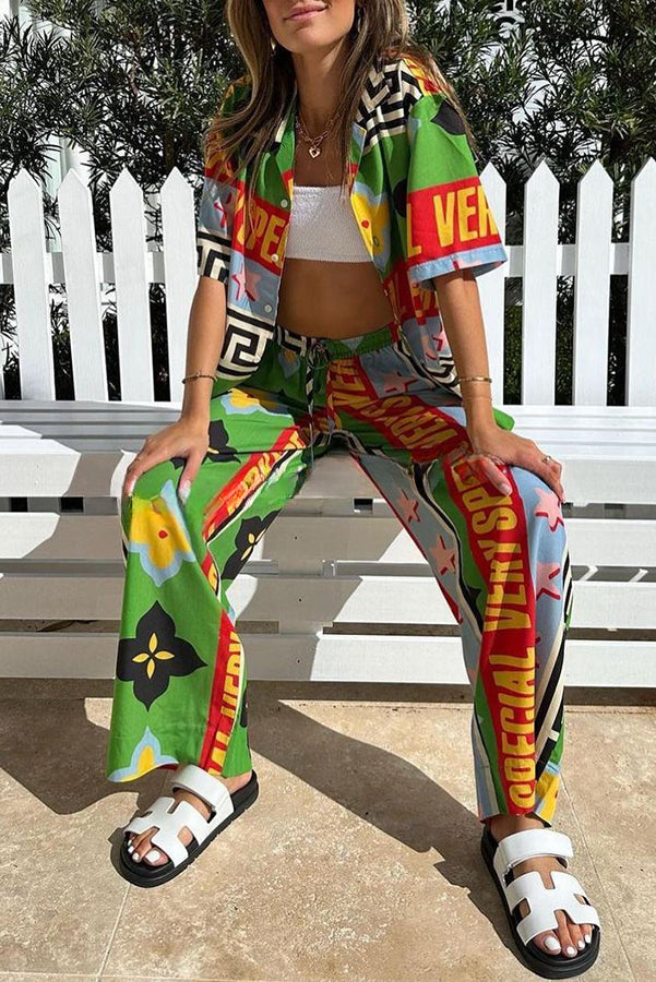 Very Geo Printed Button Down Top and Elasticated Waist Pocket Wide Leg Pants Set