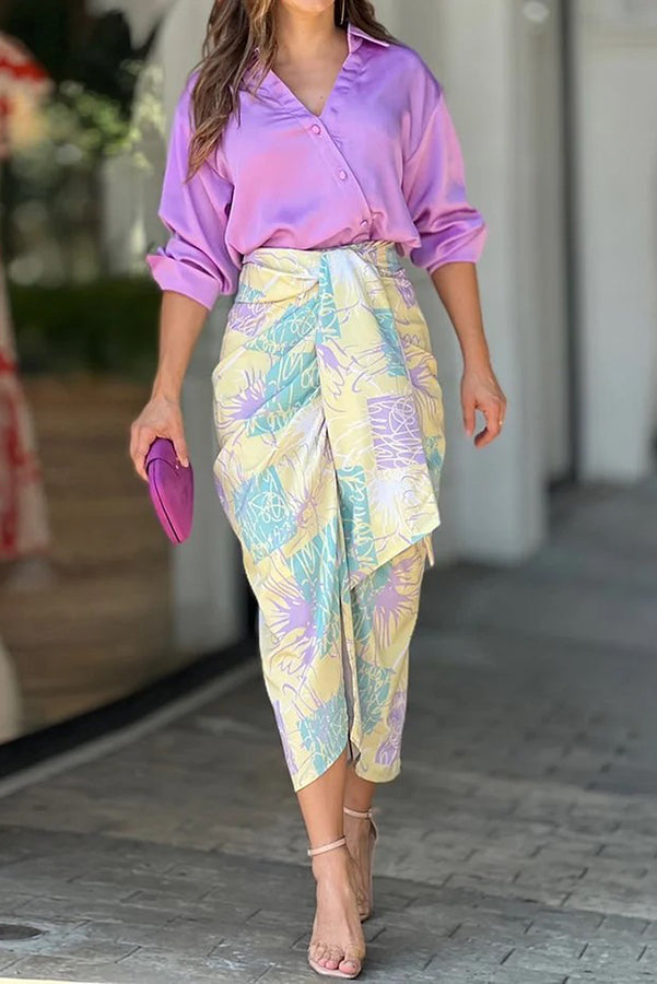 Solid Button Down Shirt and Floral Print Ruched Midi Skirt Two Piece Set