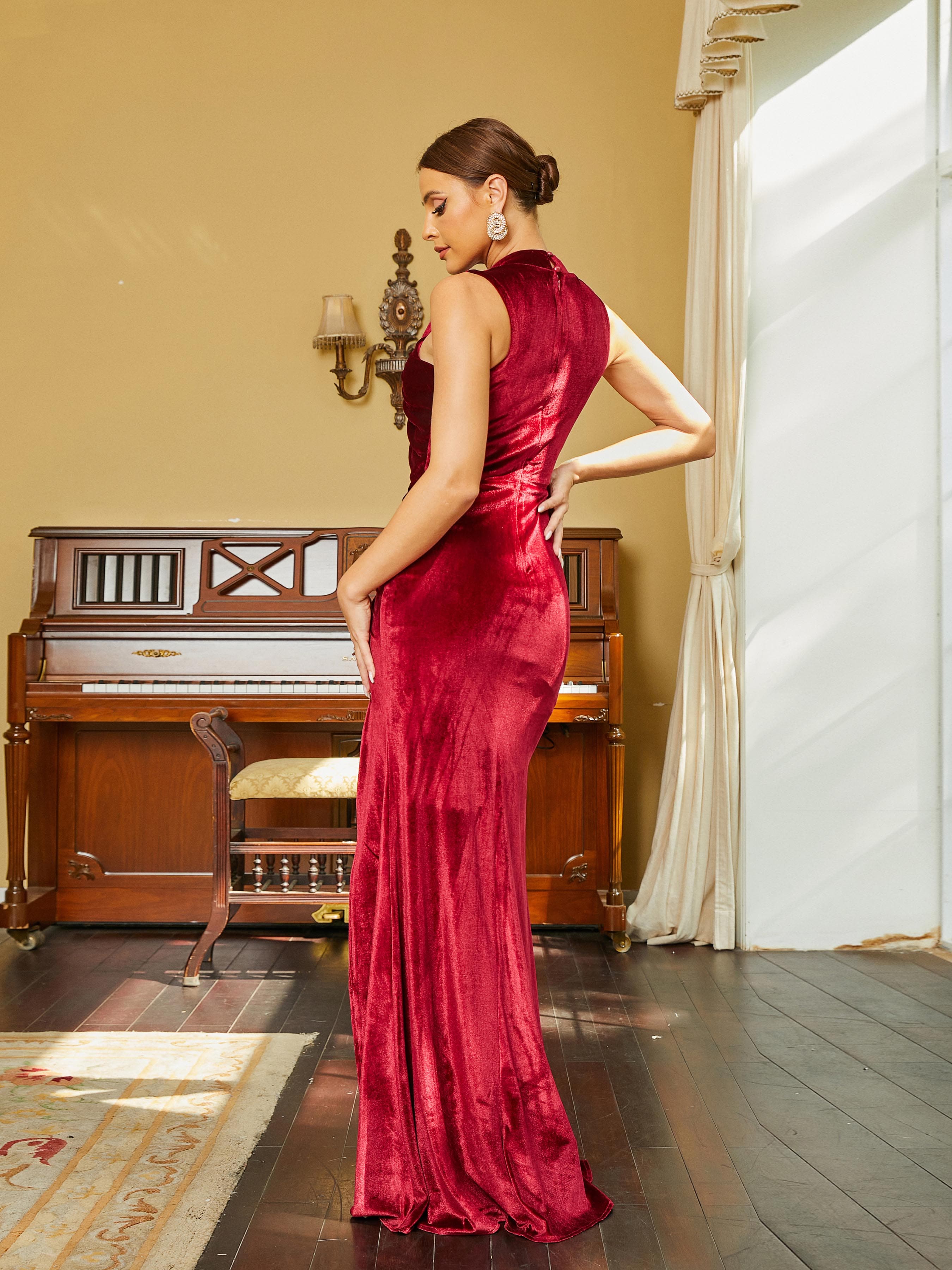 Sleeveless Stand Collar Ruched Velvet Wine Prom Dress RH30617