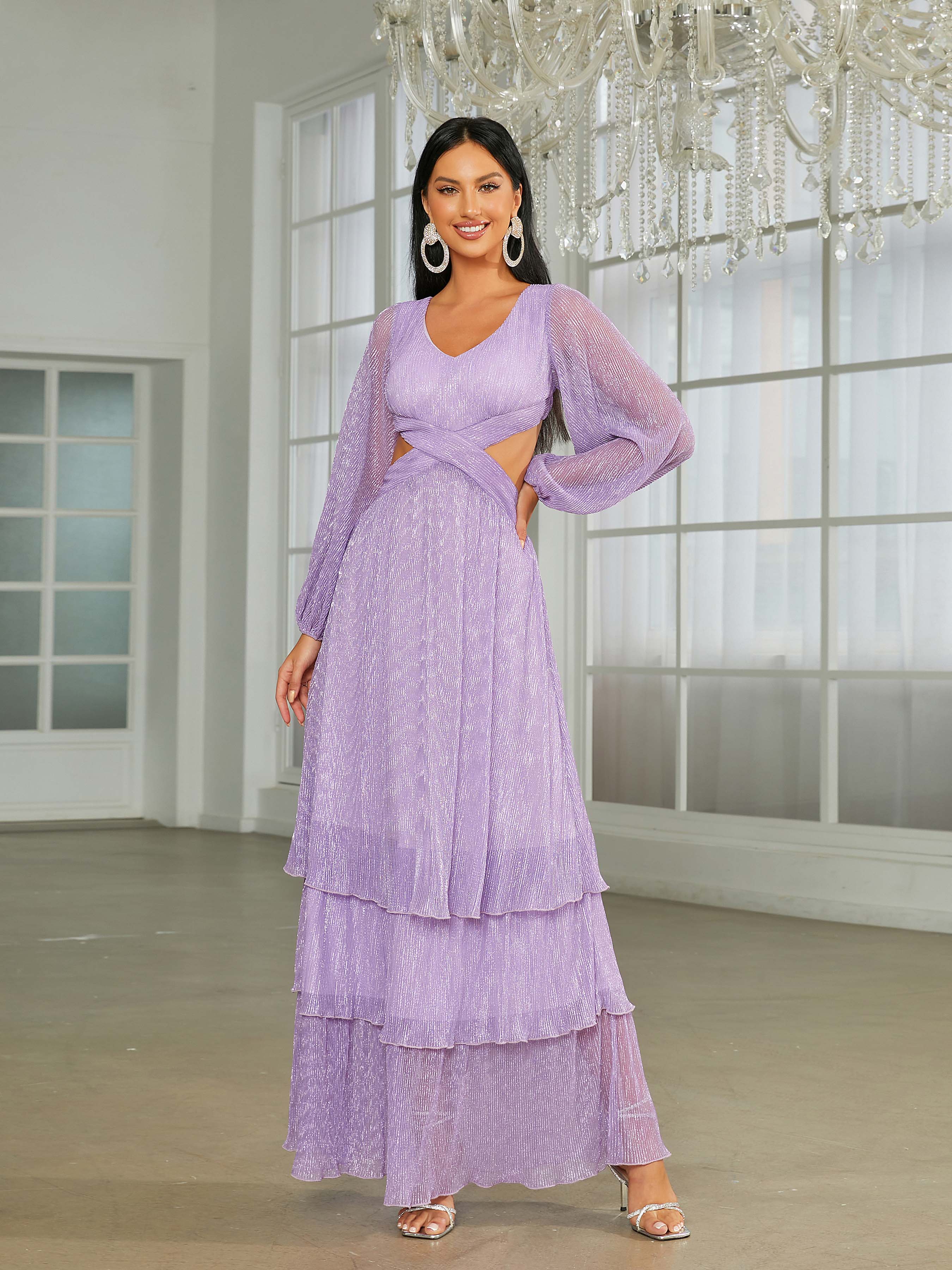 V-neck Lantern Sleeve Backless Purple Prom Dress RH30555