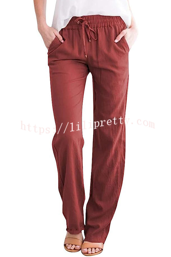 Soft Breathable Solid Color Drawstring Elastic Waist Long Straight Pants