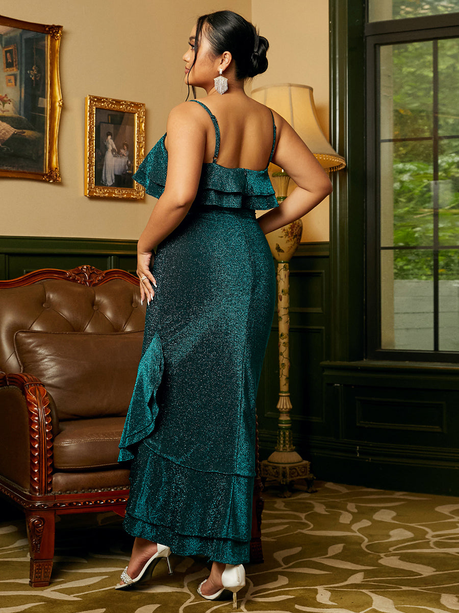 Plus Size Spaghetti Asymmetric Ruffle Evening Dress PRH30173