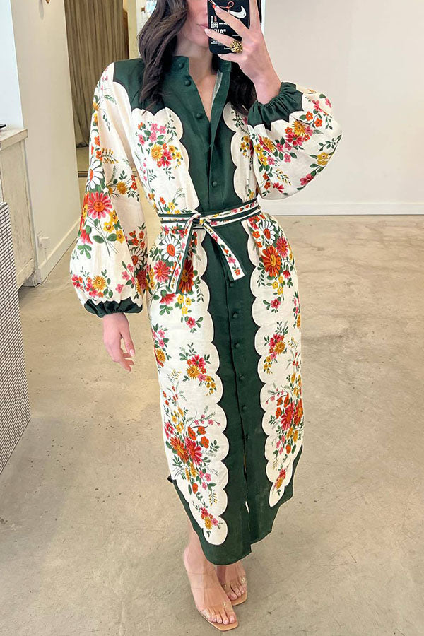 Yamada Floral Point Collar Balloon Sleeve Pocketed Belted Midi Dress