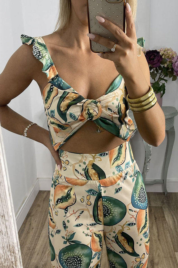 Vickee Tropical Fruit Print Back Smocked Ruffle Tank and High Rise Flare Pants Set