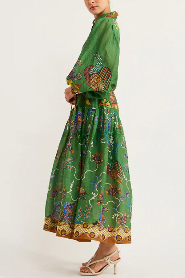 Special Moment Heaven Bird Print Balloon Sleeve Shirt Midi Dress