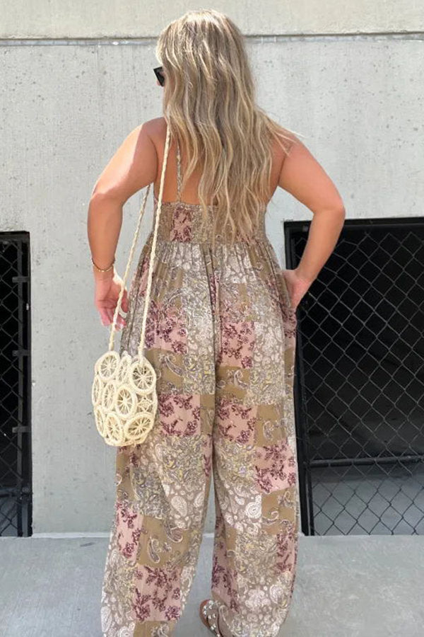 Wiles Patchwork Print Pocketed Back Smocked Loose Jumpsuit