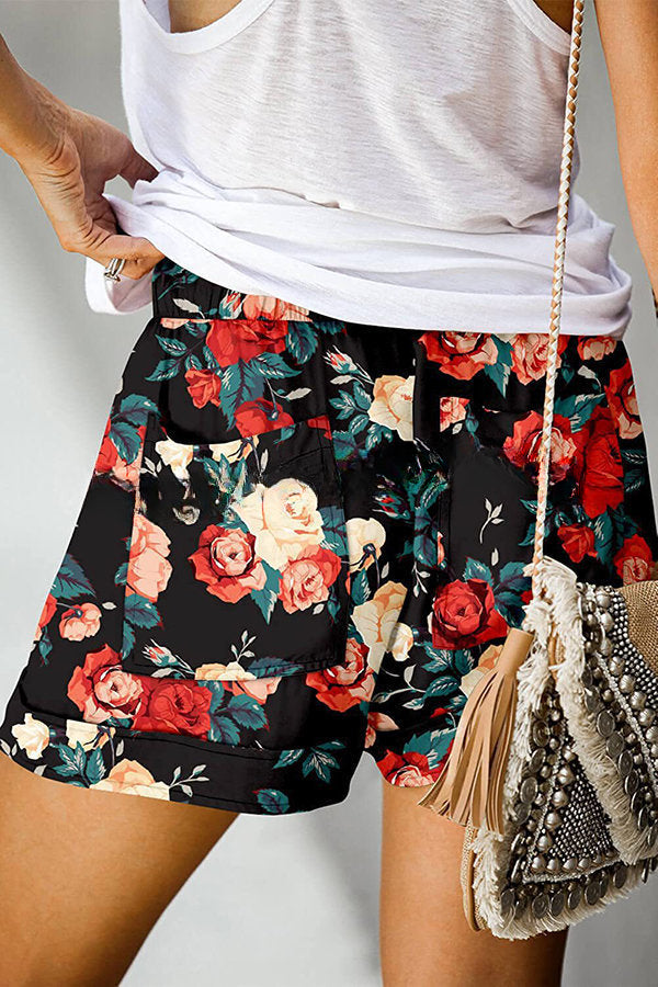 Into Bliss Printed Drawstring Elastic Waist Pocket Shorts
