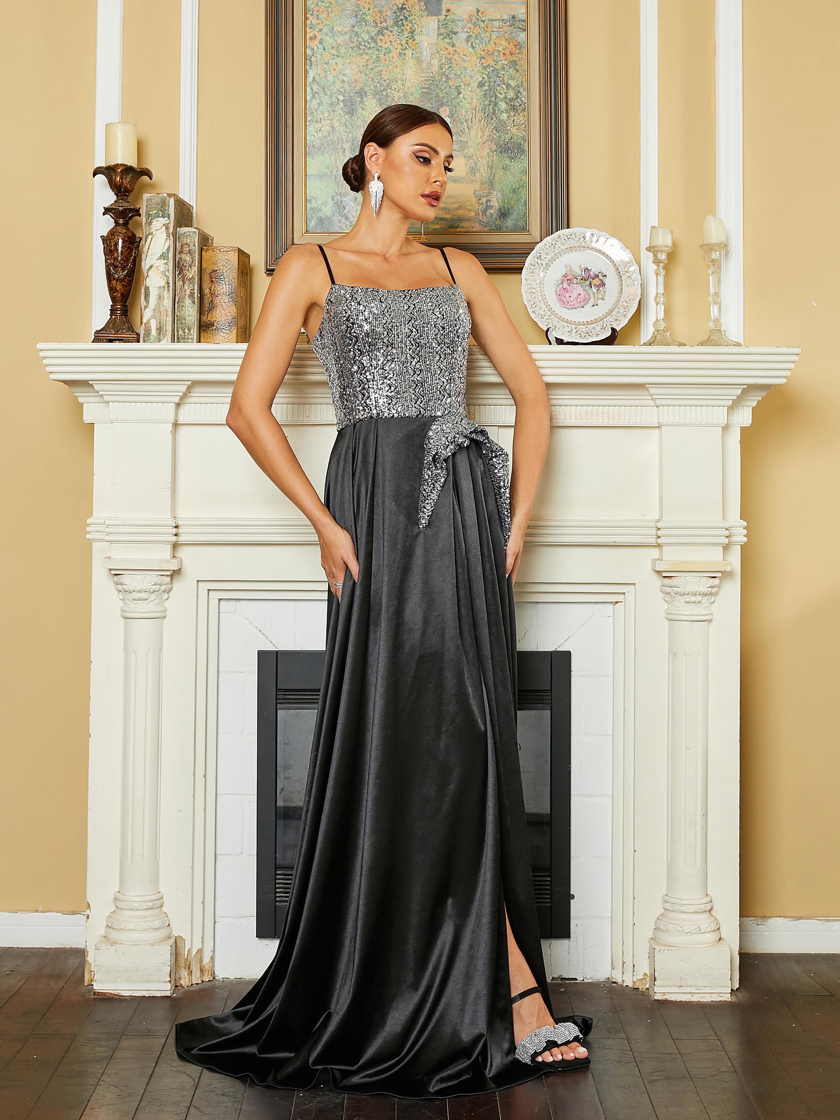 Spaghetti Strap Panel Sequin Satin Black Prom Dress RM20569