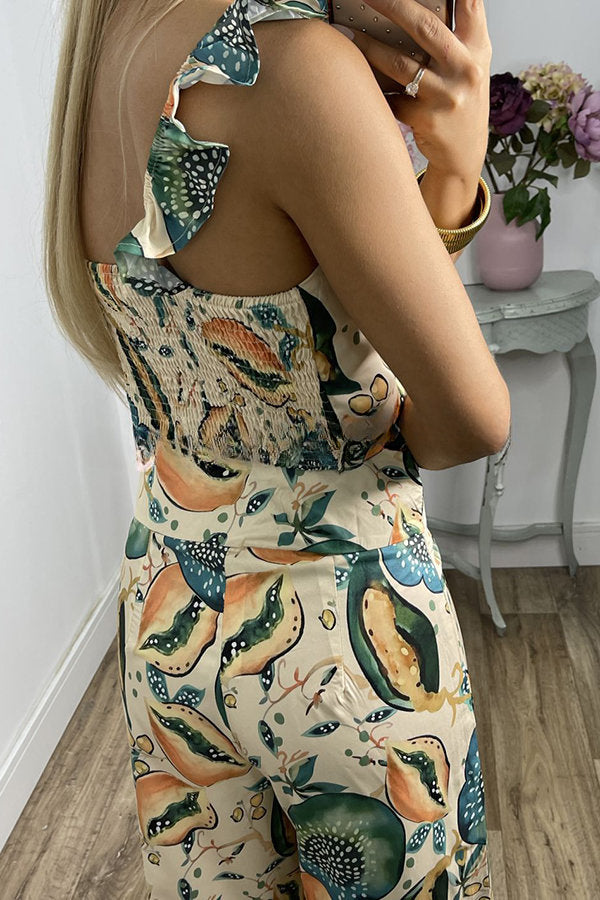 Vickee Tropical Fruit Print Back Smocked Ruffle Tank and High Rise Flare Pants Set