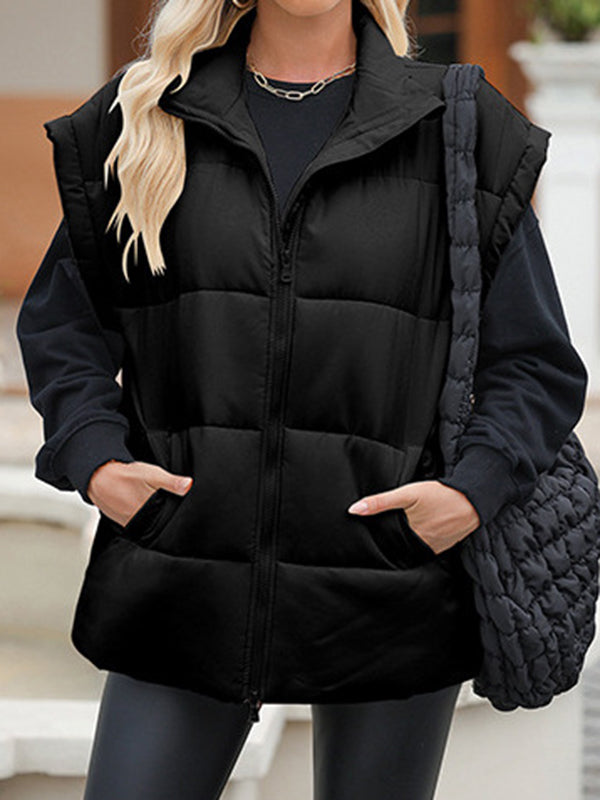 Loose Sleeveless Keep Warm Pockets Quilted Solid Color Zipper Stand Collar Padded Vest