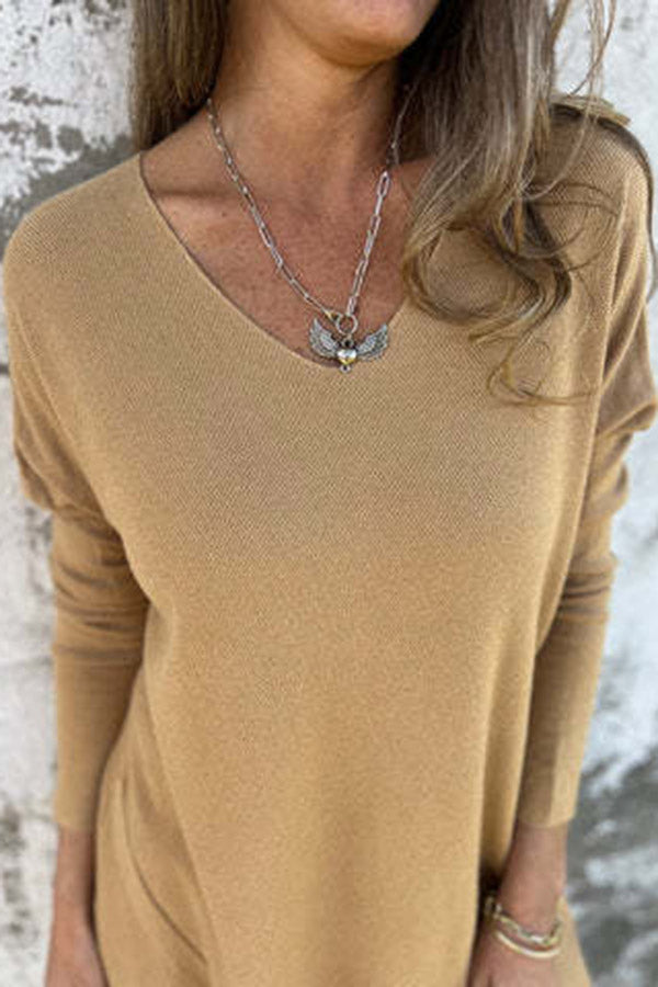 Plain V-neck Loose Long-sleeved Wovented T-shirt