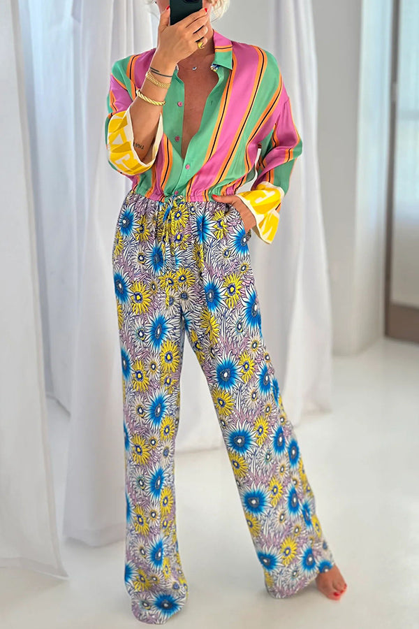 Boho Chic Look Unique Print Elastic Waist Pocketed Loose Shirt Jumpsuit