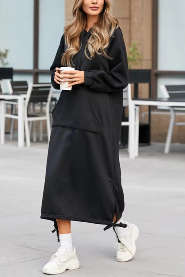 Plain Soft Hooded Lace-up Pockets Sweatshirt Style Midi Dress