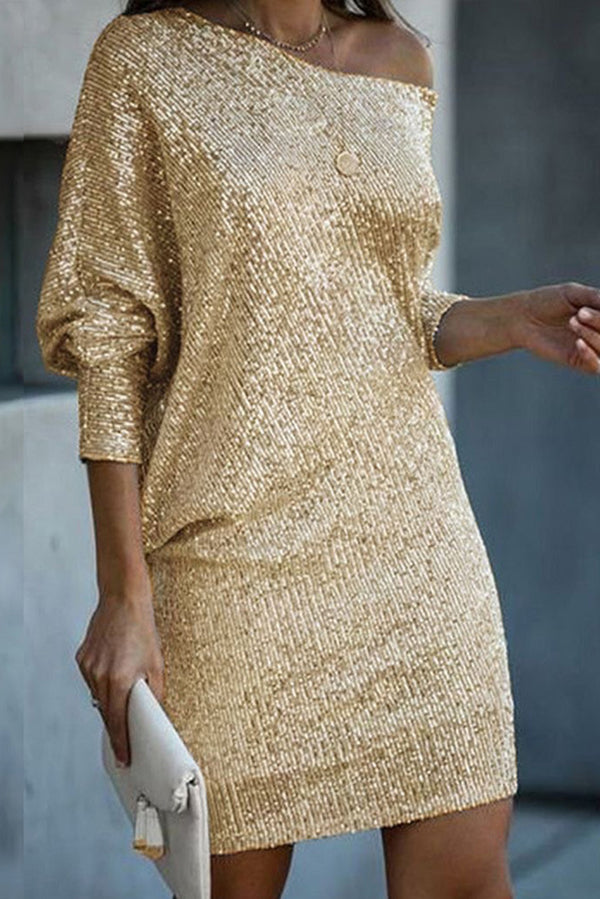 Solid Sequined Off-shoulder Loose Mini Dress