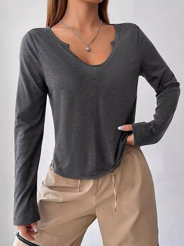 Long Sleeves Skinny Solid Color Split-Joint V-neck T-Shirts Tops