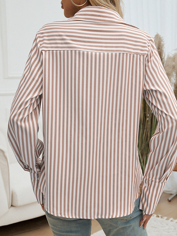 Long Sleeves Loose Buttoned Contrast Color Pockets Striped Lapel Blouses&Shirts Tops