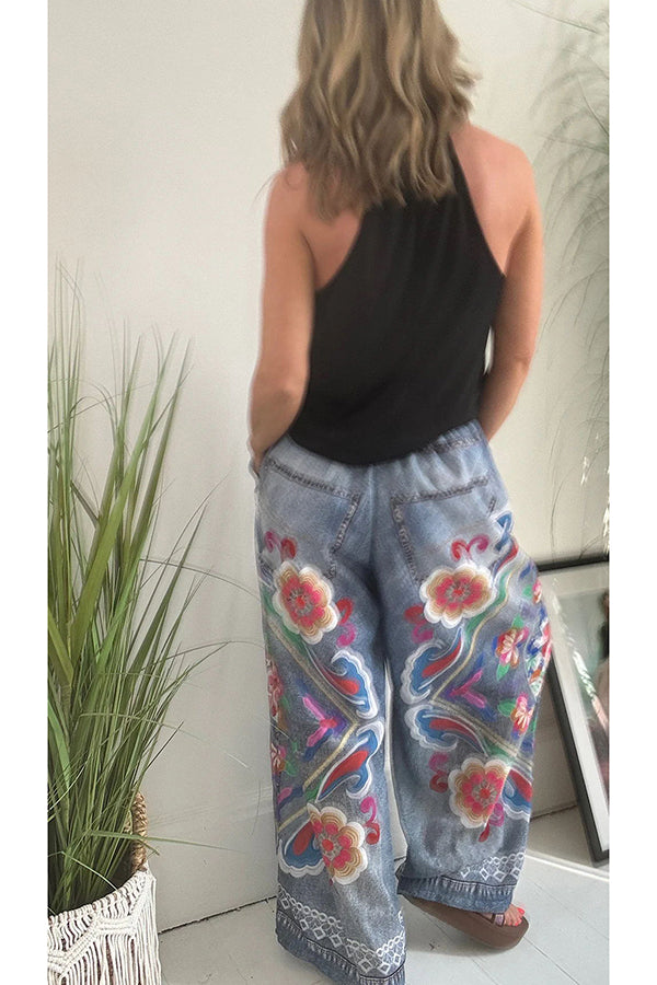 Hippie Style Unique Floral Denim Print Elastic Waist Pocketed Wide Leg Pants