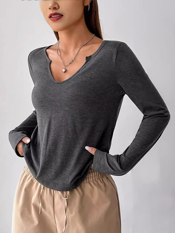 Long Sleeves Skinny Solid Color Split-Joint V-neck T-Shirts Tops