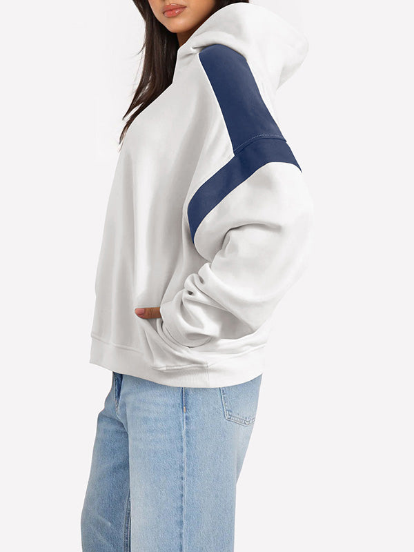 Hooded Long Sleeves Contrast Color Pockets Split-Joint Hoodies Tops