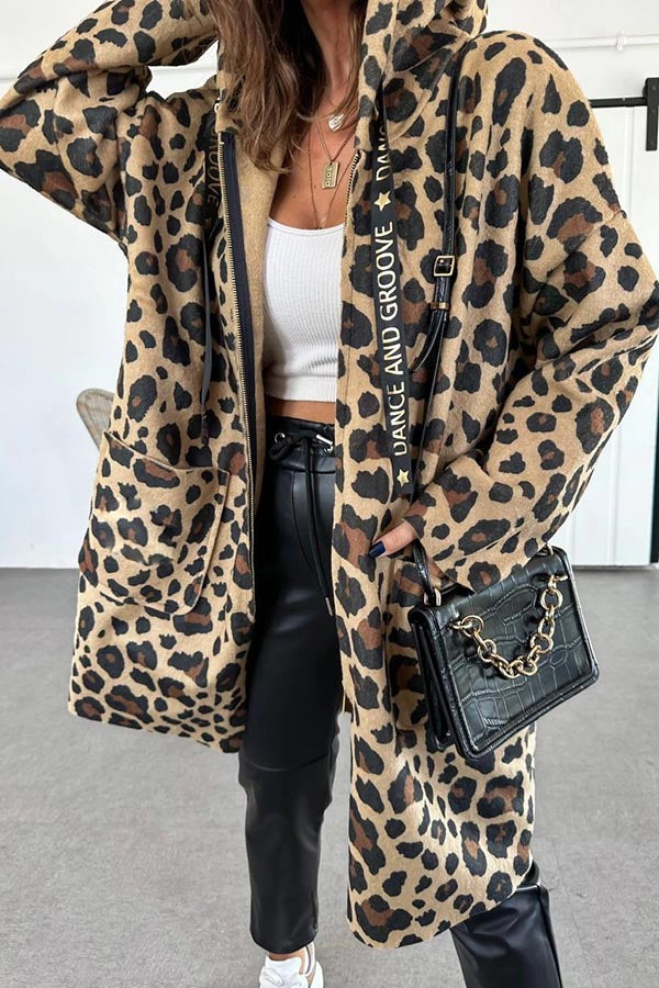 Fall Dreaming Animal Print Zipper Pockets Loose Hooded Midi Coat