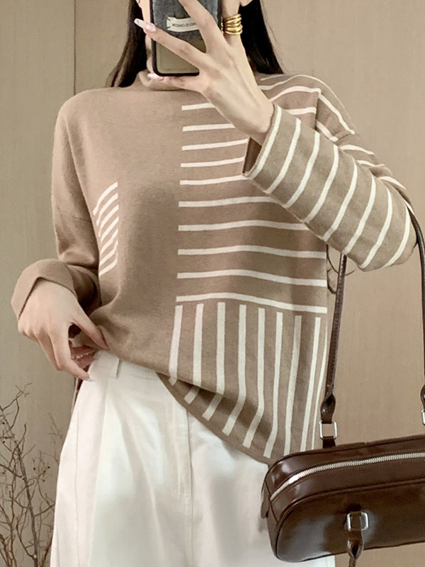 Long Sleeves Loose Contrast Color Striped High Neck Pullovers Sweater Tops